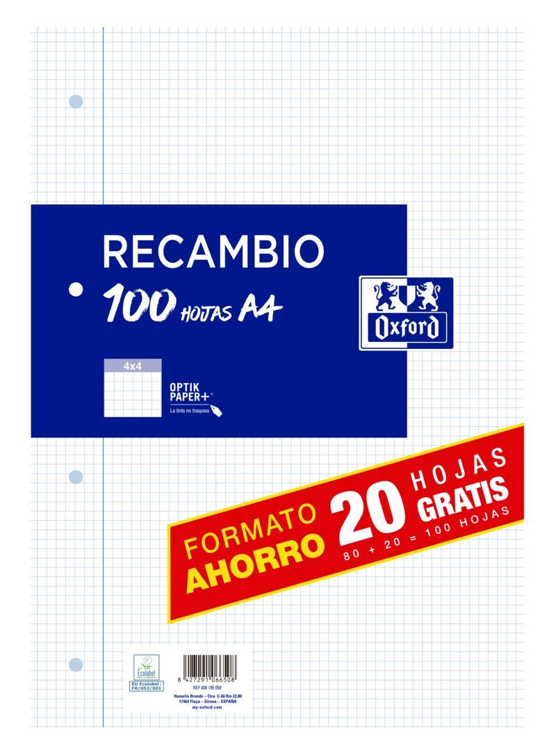 Recanvi : Oxford A4 quadrícula 4x4 4 forats (100 fulls) | 8427291066508
